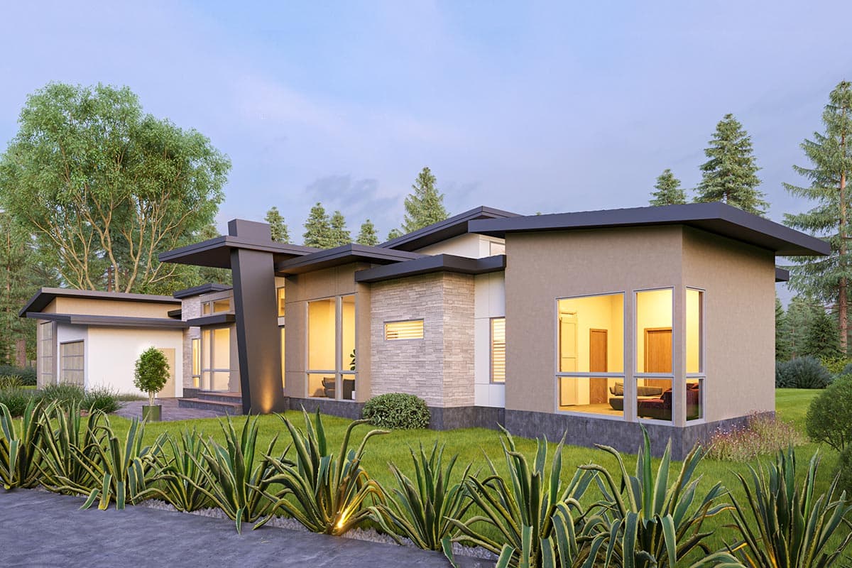 Modern house plan exterior with flat rooflines, stone accents, large windows, and a detached garage.