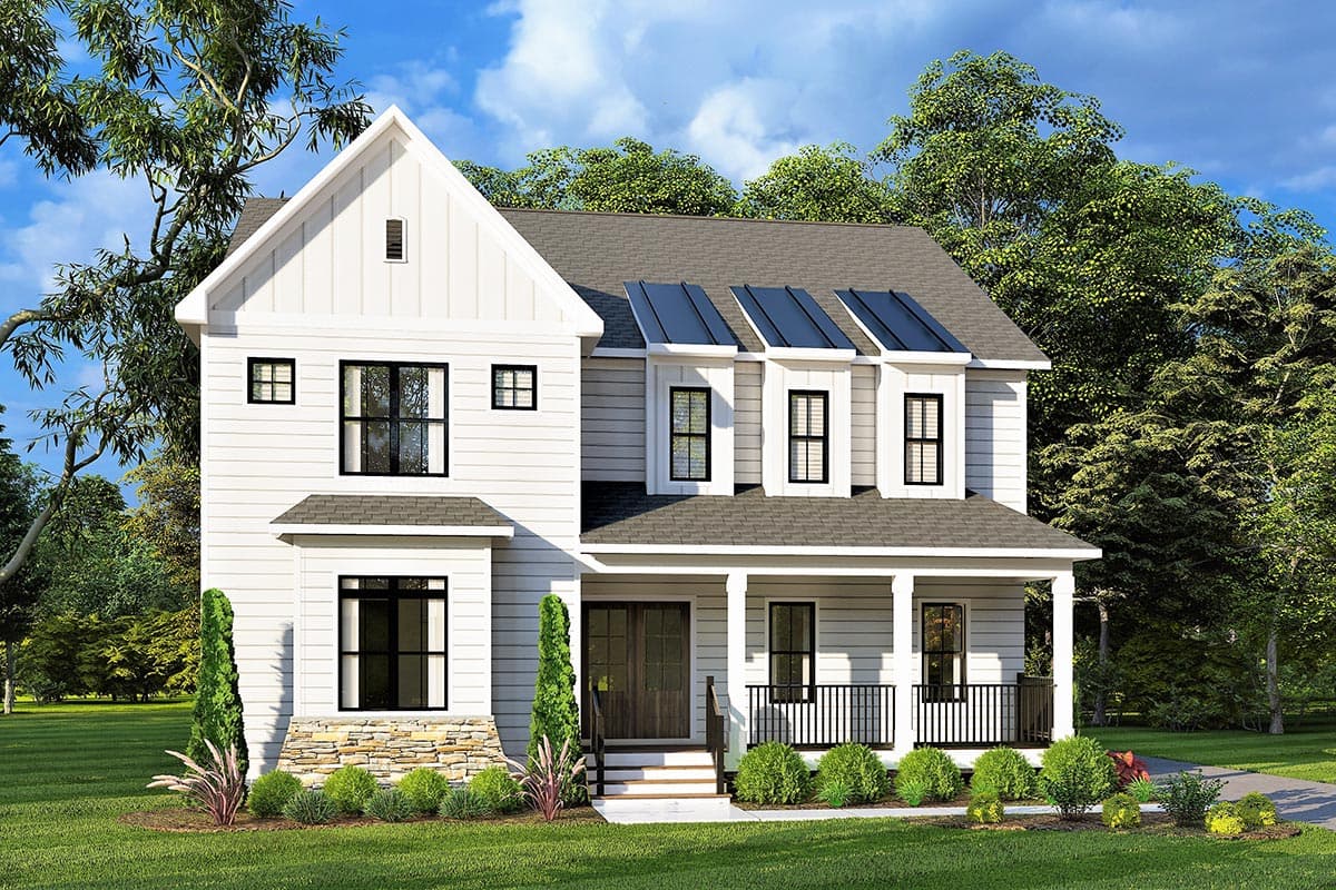 House plan exterior rendering. Two-story Modern Farmhouse with gabled roof, dormers, and front porch with dark trim and stone accents.