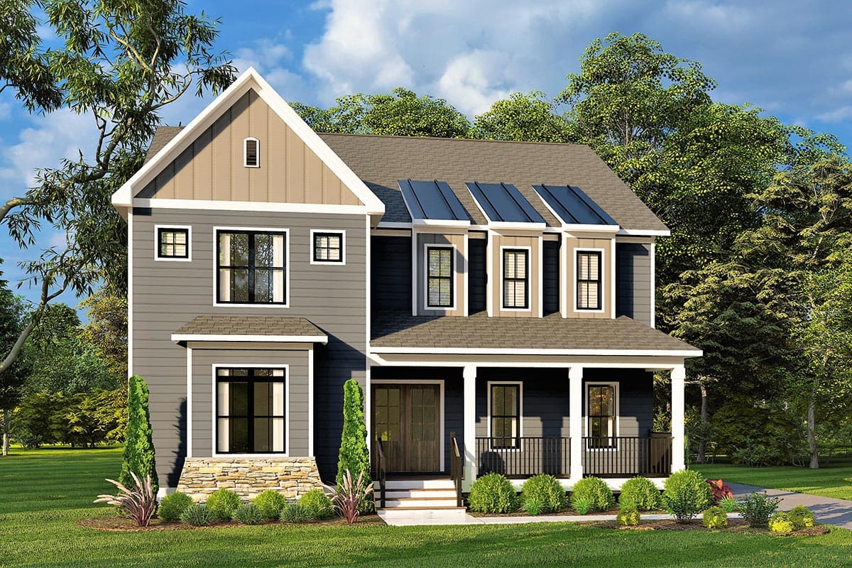 House plan exterior: Two-story, Modern Farmhouse style with a wrap-around porch, stone accents, and prominent gables.