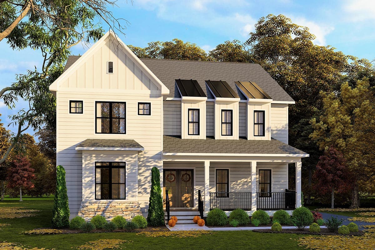 Modern Farmhouse house plan exterior with a prominent gable, wrap-around porch, dormer windows, and stone accents.