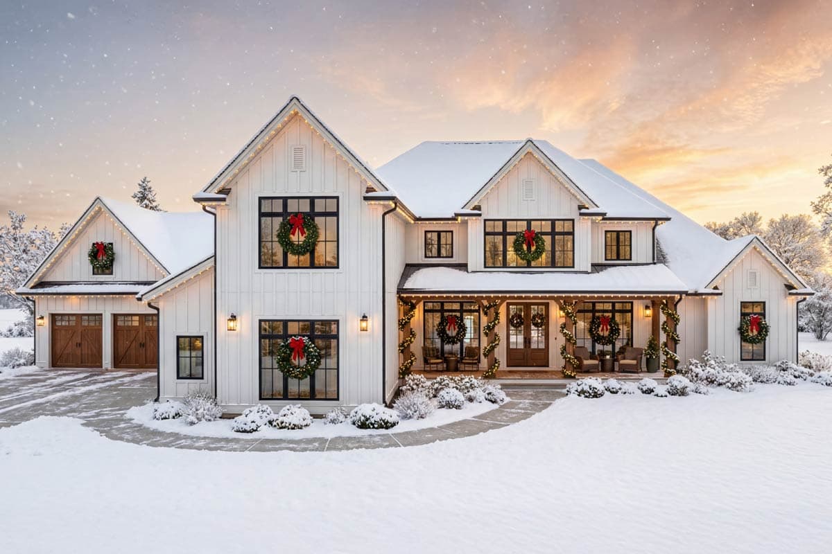House plan exterior. Two-story Modern Farmhouse with gables, a covered porch, and a side-entry garage. Snow-covered roof and landscaping.