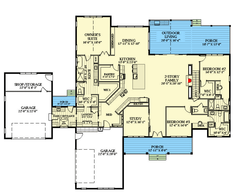 Plan 46472LA: 4356 Square Foot Modern Farmhouse Plan with 2-story Family Room - Floor Plan - Main Level - Country, Craftsman, Farmhouse, Modern Farmhouse, New American, Traditional
