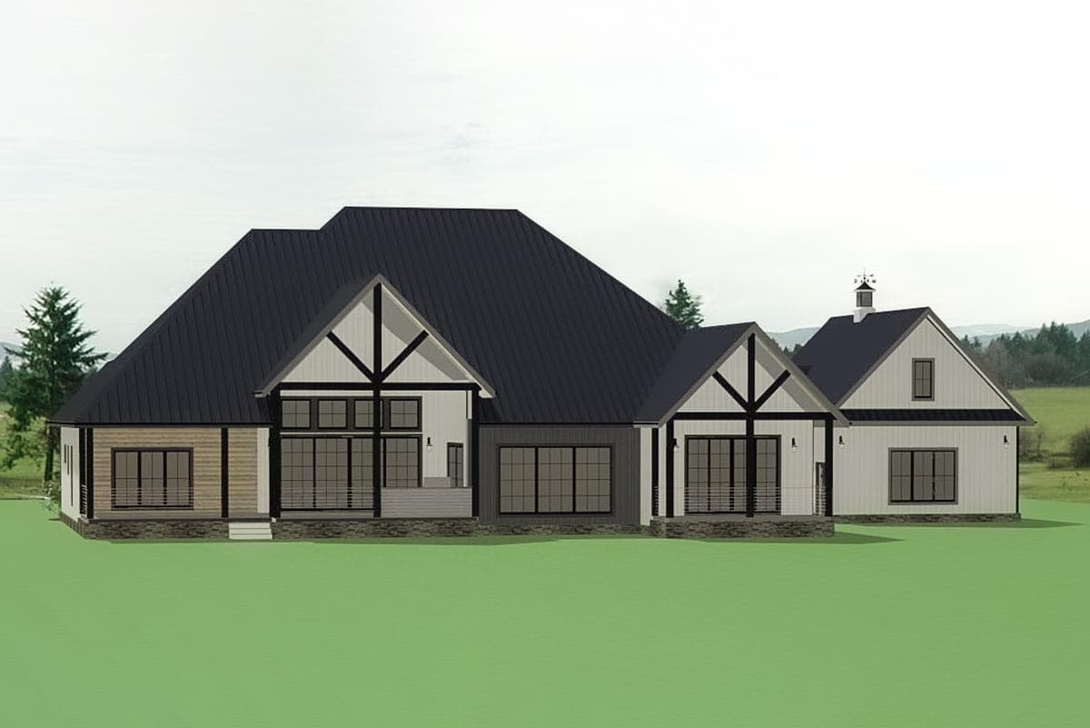 Modern Farmhouse house plan exterior with dark metal roof, large gables, extensive windows, and attached garage.