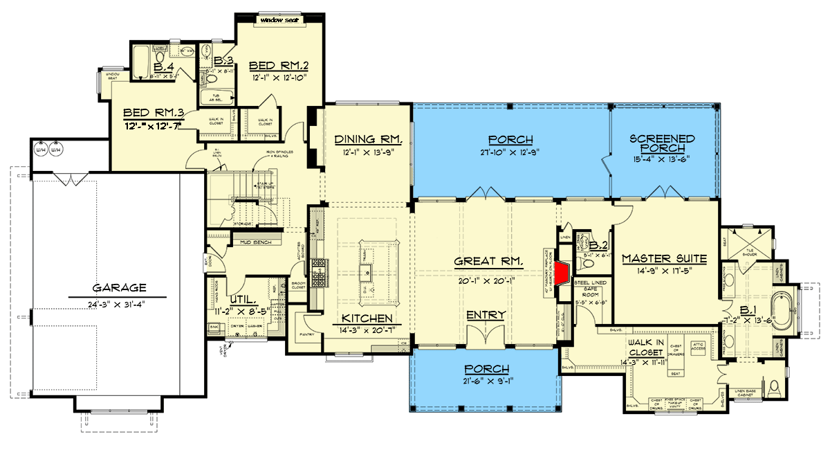 Plan 915050CHP: 3-Bed Modern Farmhouse with Upstairs Game Room - 3156 Sq Ft - Floor Plan - Main Level - Country, Farmhouse, Modern Farmhouse, New American, Traditional
