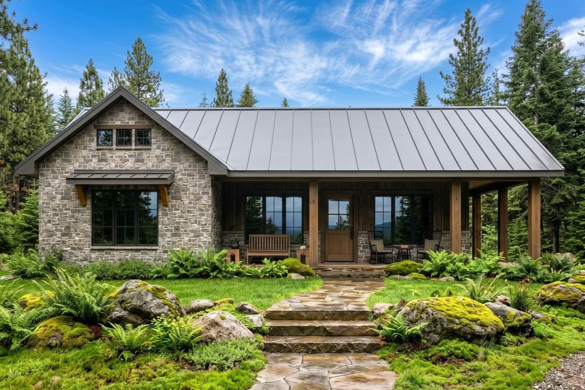 House plan exterior featuring a one-story, farmhouse-style design. Key features include a covered porch, stone facade, and a metal roof.