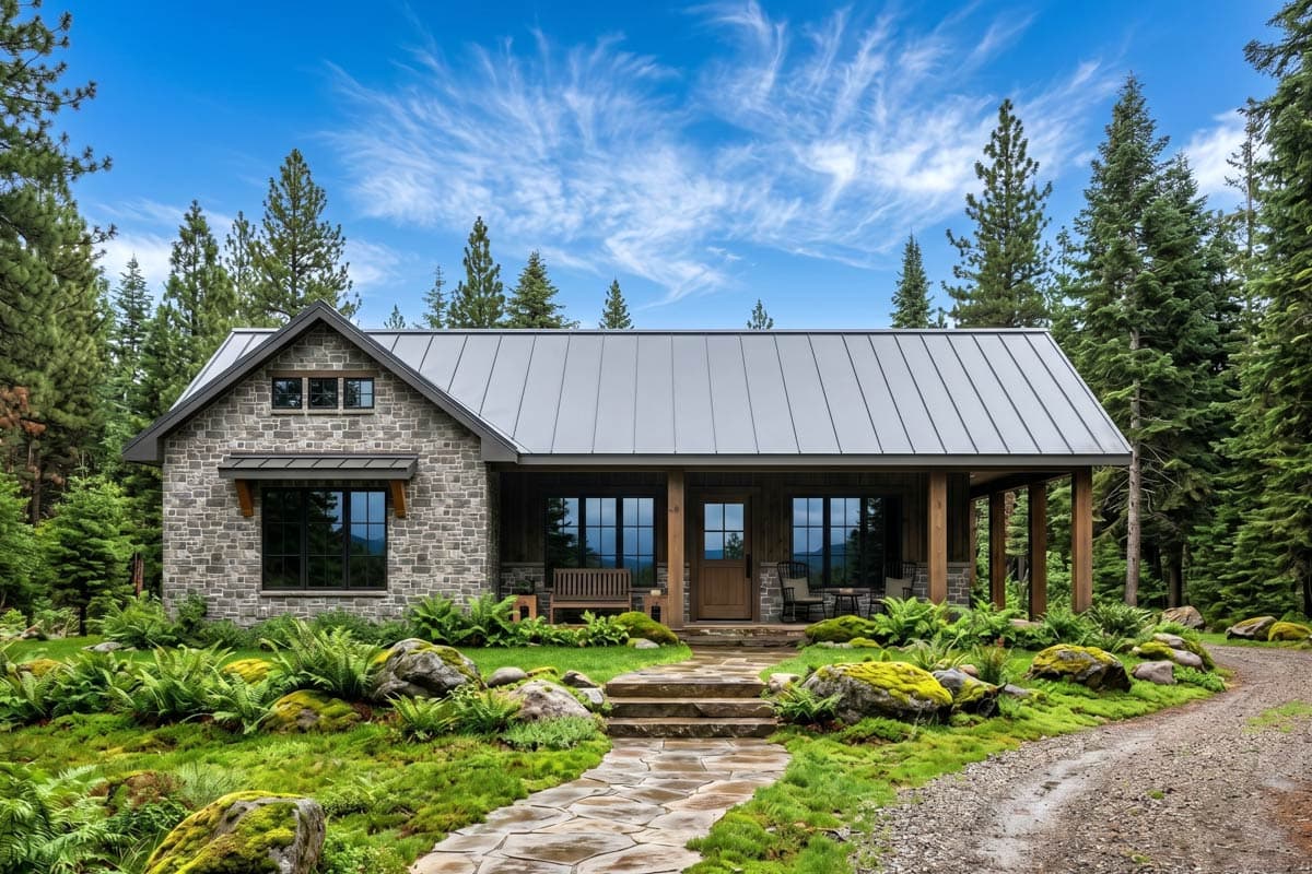 House plan exterior: stone and vertical siding, gabled roof, covered front porch with wood columns, single story.
