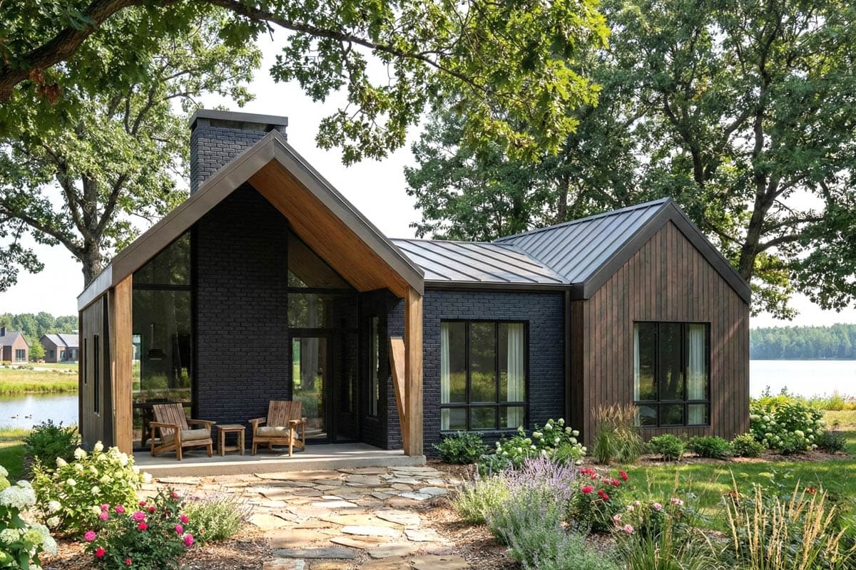 House plan exterior. Modern style with stone and wood siding. Features include a gabled roof, large windows, and a chimney.