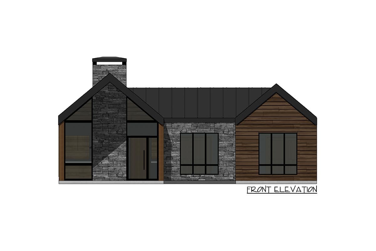 Front elevation drawing of a one-story house plan with stone and wood siding, a prominent stone chimney, and large windows.