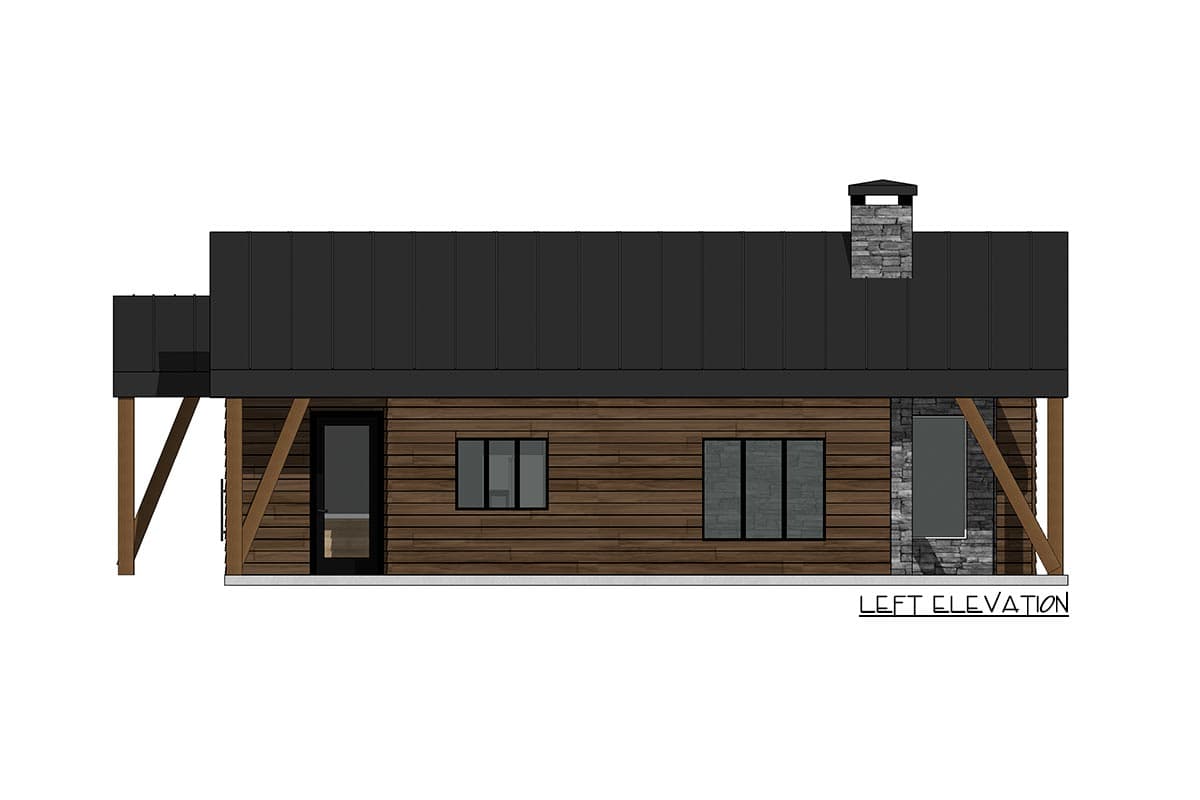 Left elevation of a house plan with a dark metal roof, wood siding, stone accents, and a chimney.