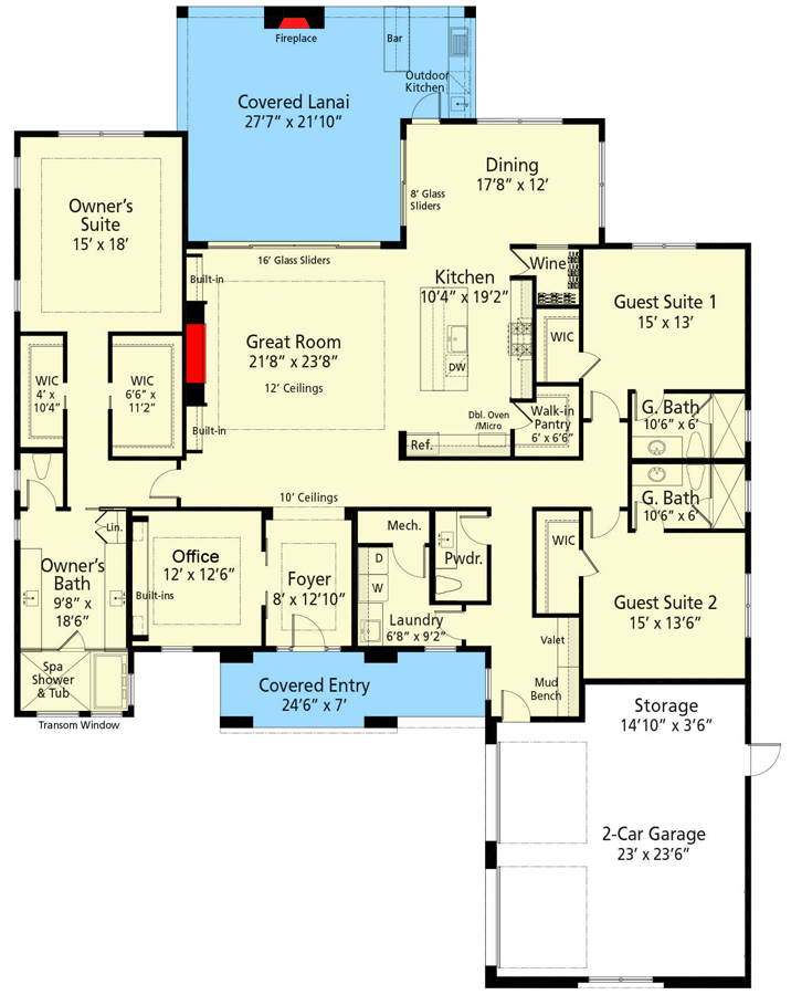 Plan 33245ZR: One-Story Transitional Home Plan with Low-Pitched Hip Roofs - 3114 Sq Ft - Floor Plan - Main Level - Contemporary, European, Mediterranean, New American, Prairie, Ranch, Transitional