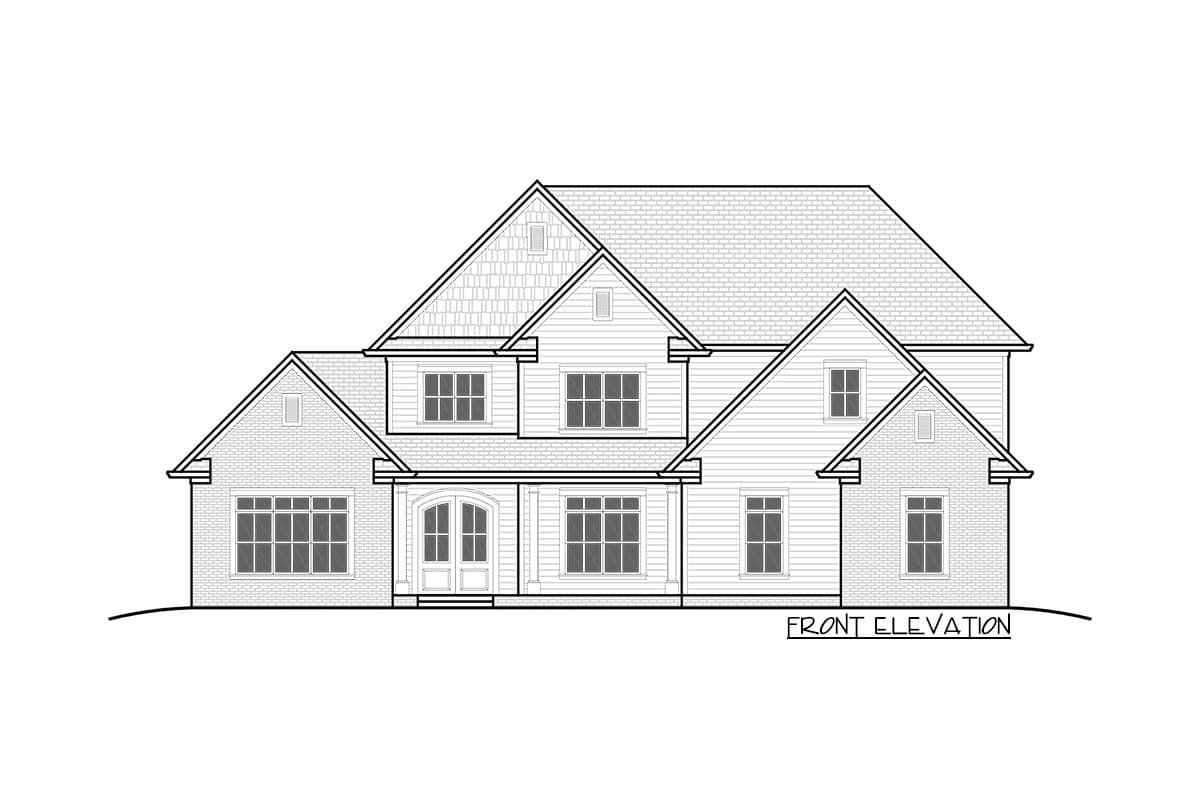 Front elevation house plan drawing showing a two-story home with a covered porch, gables, dormers, and varied window styles.