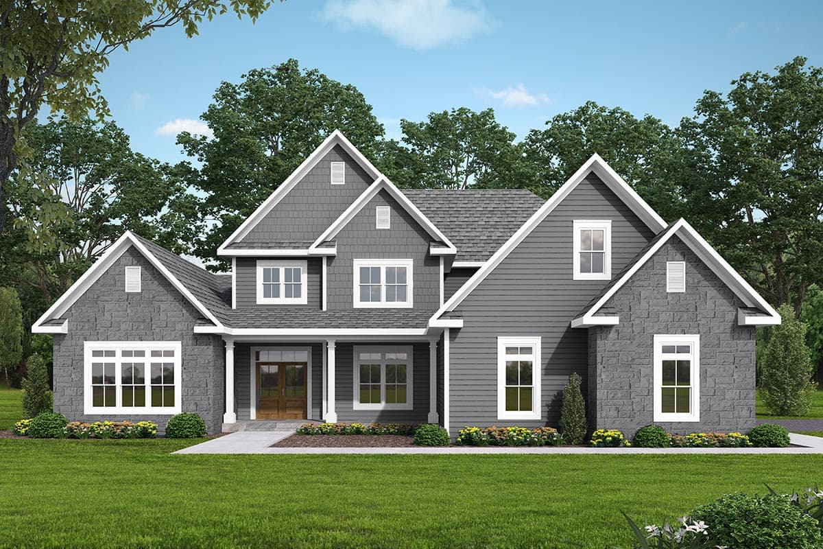 House plan exterior with two stories, gabled roof, stone facade, and a covered front porch.