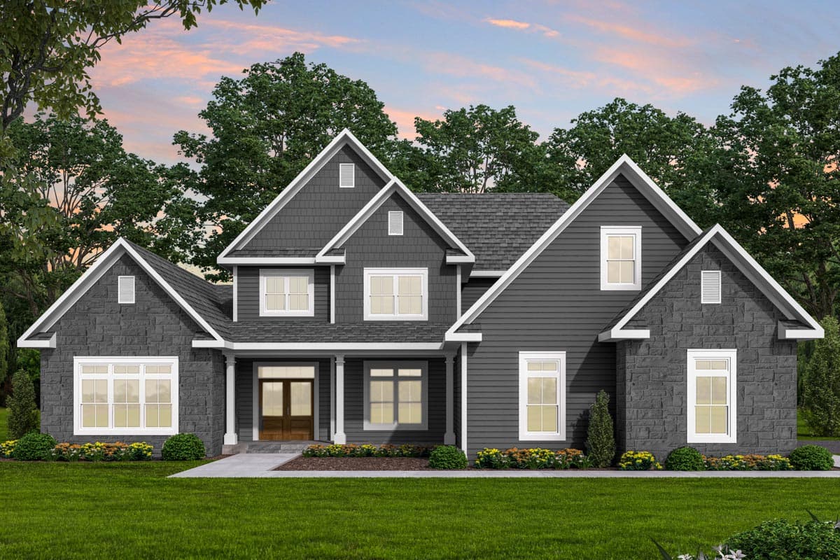 House plan exterior: Two-story home with stone and shingle siding, prominent gables, and a covered front entry with columns.