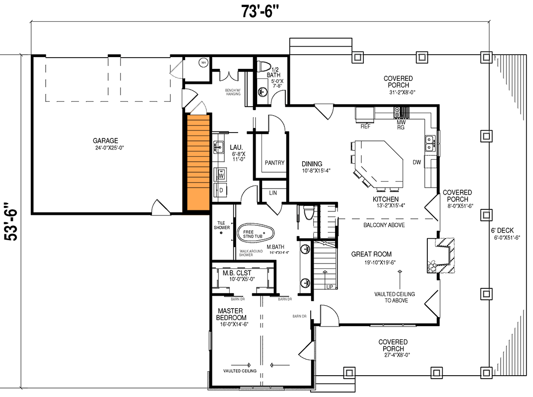Plan 70780MK: 2278 Square Foot 3-Bedroom Cabin House Plan with 2-Car Attached Garage - Floor Plan - Main Level - Basement Stairs Location - Bungalow, Cottage, Country, Craftsman, Mountain, Rustic