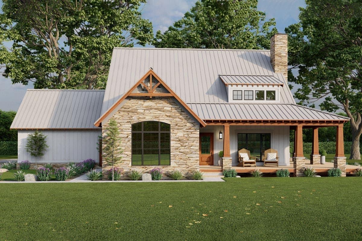 House plan exterior. Farmhouse style with a metal roof, stone facade, and a covered porch. Features a gable and dormer.