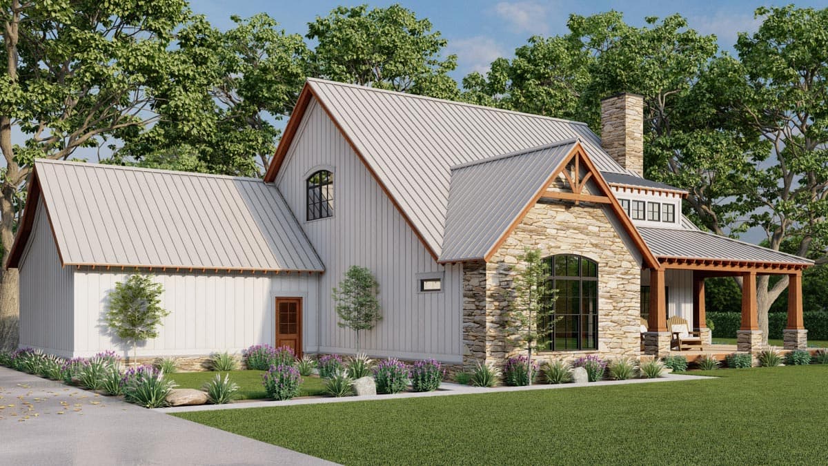 House plan exterior: Modern Farmhouse style with metal roof, stone and board-and-batten siding, gabled dormer, and covered porch.