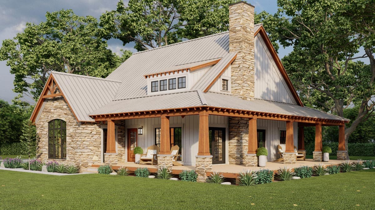 House plan exterior: Two-story Modern Farmhouse with stone accents, metal roof, large wrap-around porch, and dormer windows.