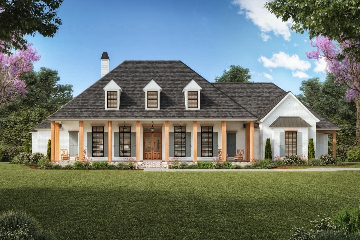 House plan exterior: Single-story Modern Farmhouse with full-width covered porch, dormers, and brick facade.