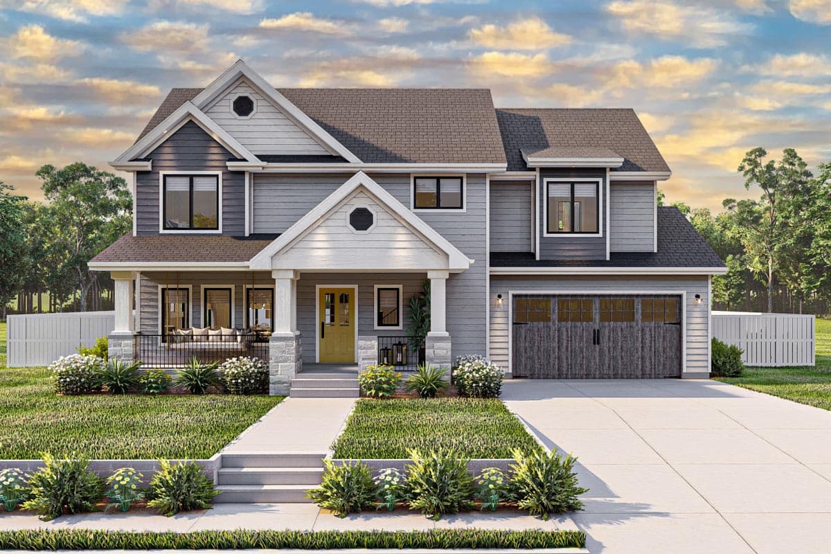 House plan exterior rendering. Two-story Modern Farmhouse with gabled roof, front porch with columns, and attached garage with wood-look doors.