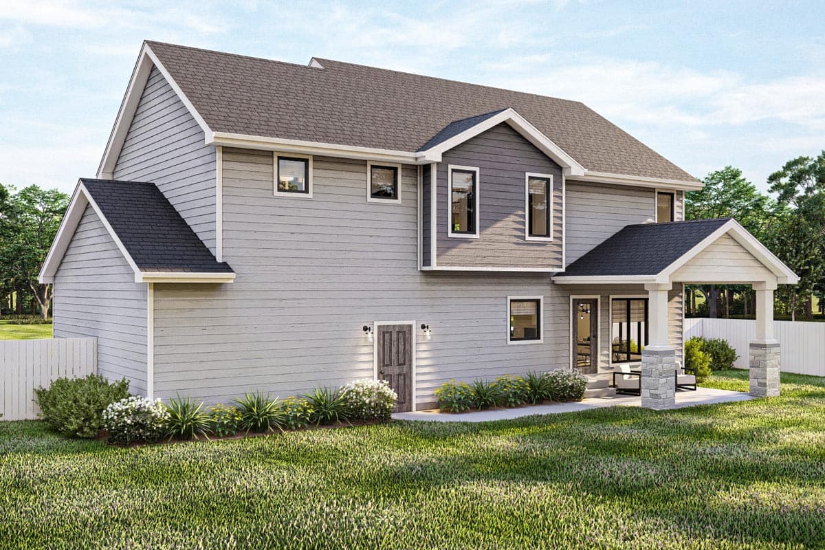 House plan exterior view of a two-story home with a covered porch, gables, and varied siding.