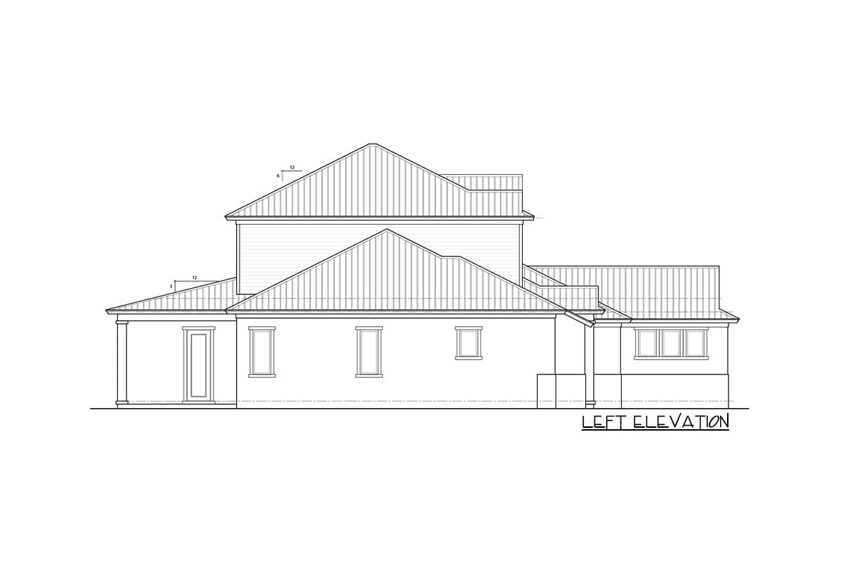 Left elevation drawing of a two-story house plan with varied rooflines, multiple gables, and prominent dormers.