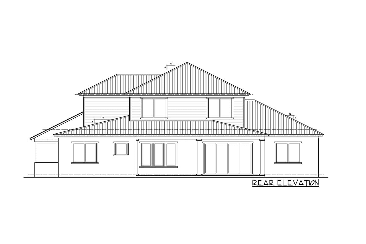 Rear elevation drawing of a two-story house with a sloped roof, multiple gables, and large sliding glass doors.
