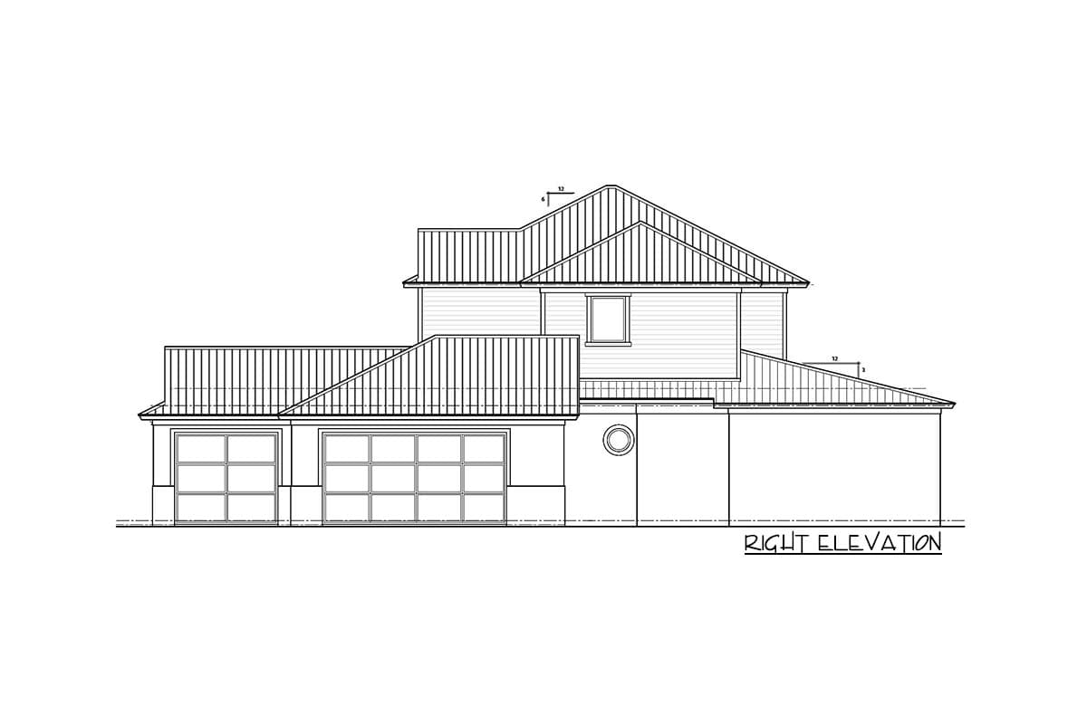Right elevation house plan: two-story, gable roof, pitched roof sections, two garage doors, and circular vent.