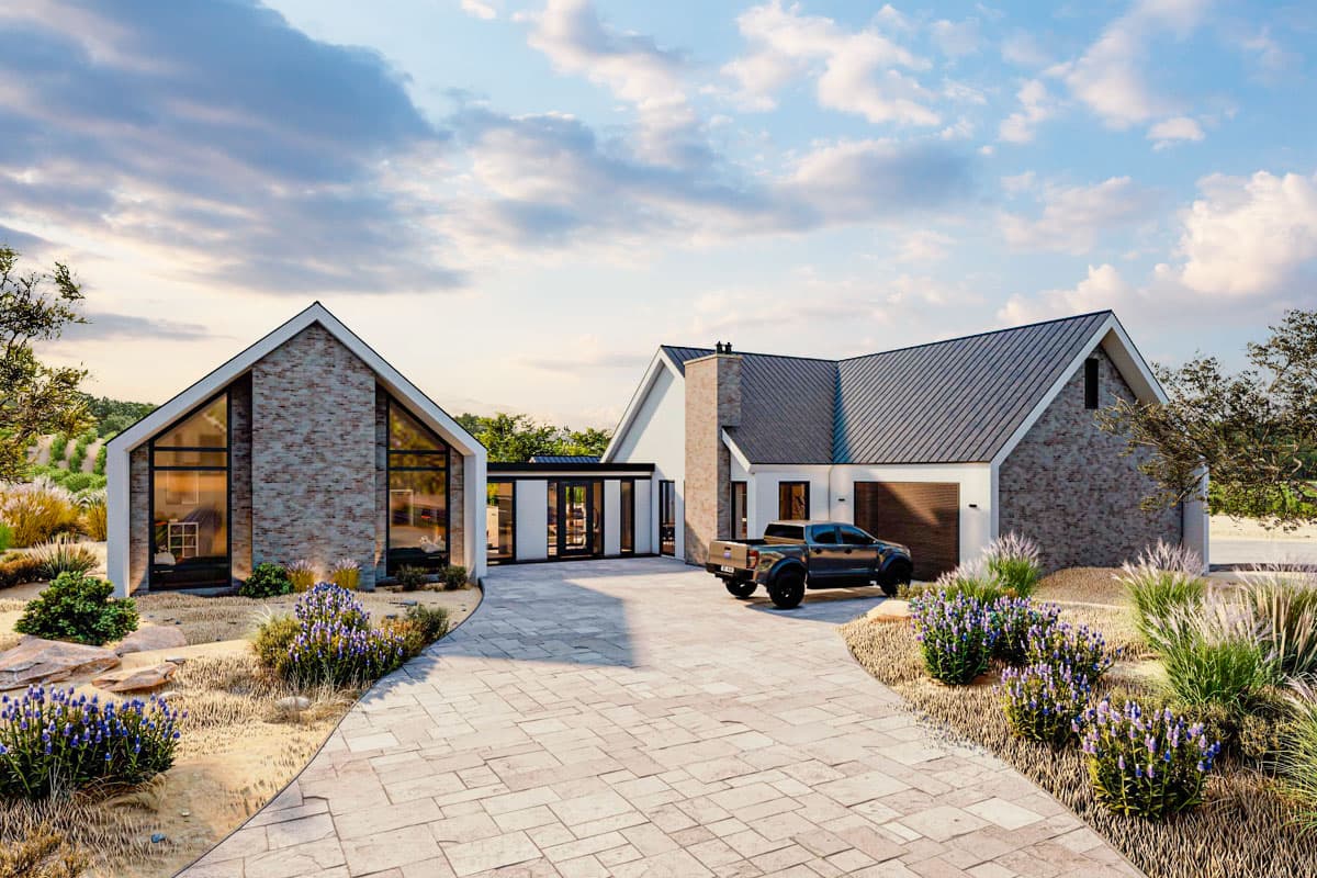 House plan exterior. Modern style, with two structures. Features include gabled roof, brick and stucco exterior, and attached garage.