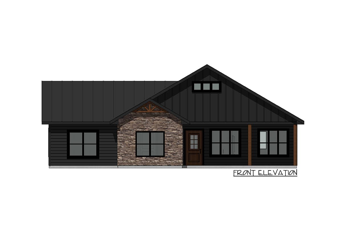 Front elevation of a one-story house plan featuring dark metal siding, stone accents, a gabled dormer with exposed beams, and a covered entryway.