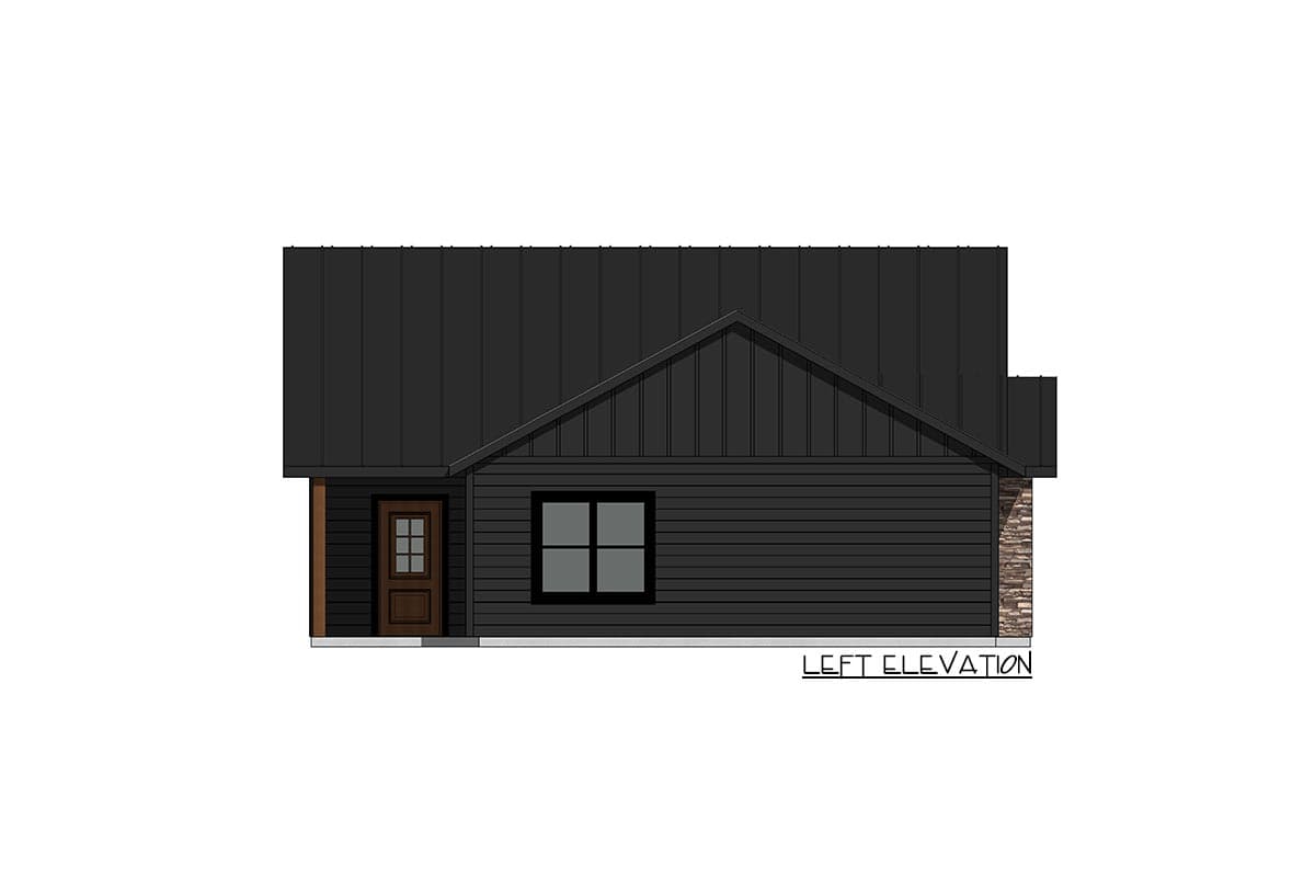 Left elevation drawing of a house plan featuring a dark metal roof, horizontal siding, a small entry porch, a window, and stone accent.