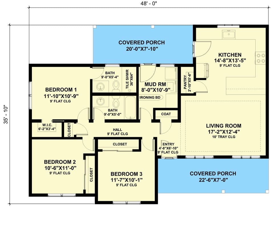 Plan 420048WNT: 1240 Sq Ft Rustic 3 Bedroom New American Ranch with Large Mudroom - Floor Plan - Main Level - Cottage, Craftsman, Mountain, New American, Ranch, Rustic