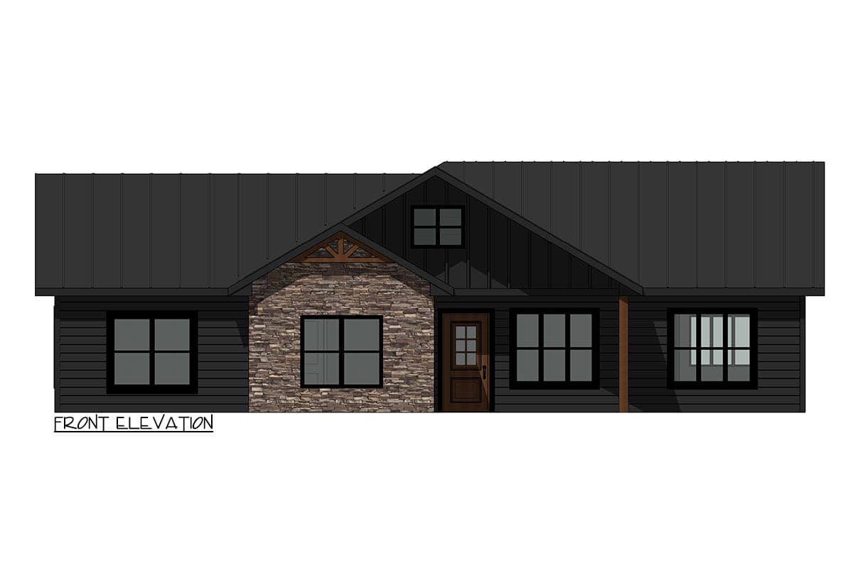 Front elevation drawing of a one-story house plan with dark siding, stone accent, gable dormer, and metal roof.