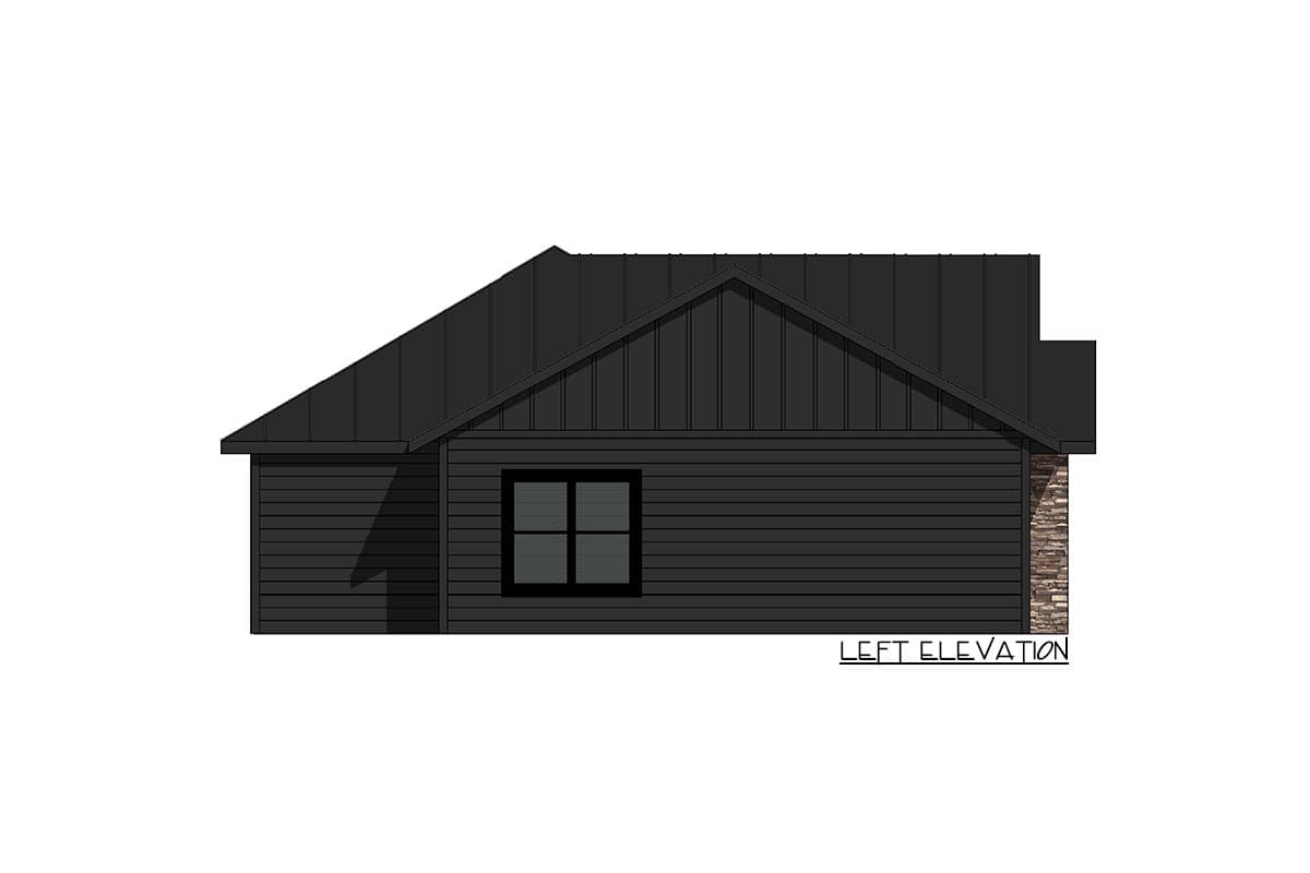 Left elevation drawing of a single-story house plan with horizontal siding, a metal roof, and stone accent.