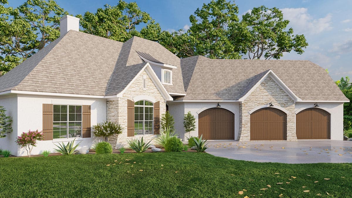 House plan exterior with stone accents, a gabled dormer, and a three-car garage with arched wooden doors.