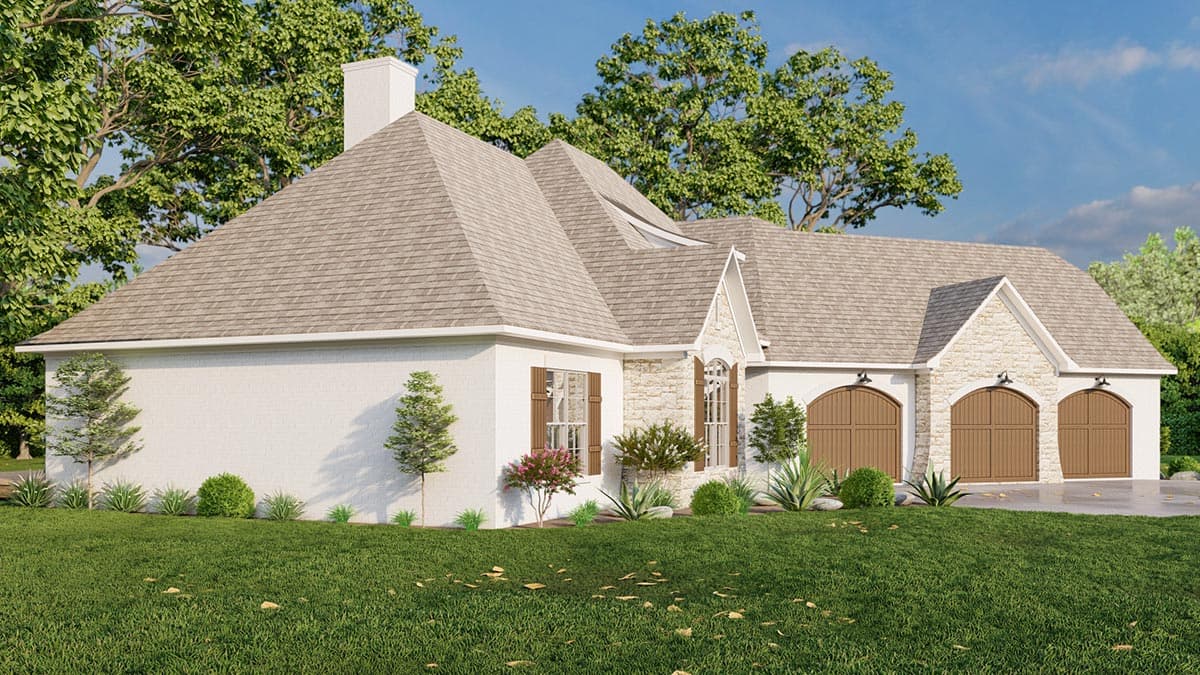 House plan exterior: single-story home with complex rooflines, stone accents, and a three-car side-entry garage with arched doors.