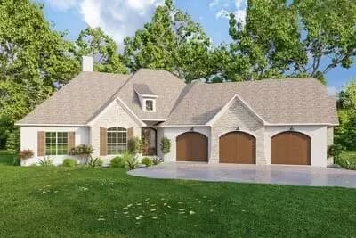 French Country House Plan with Angled 3-car Garage with Game Room Above