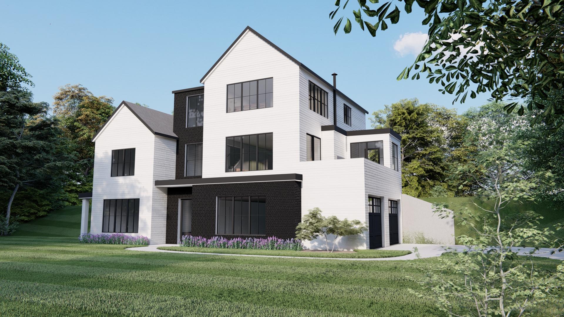 House plan exterior. Modern farmhouse style with gabled roof, mixed siding, and garage. Two-story with large windows and a covered porch area.