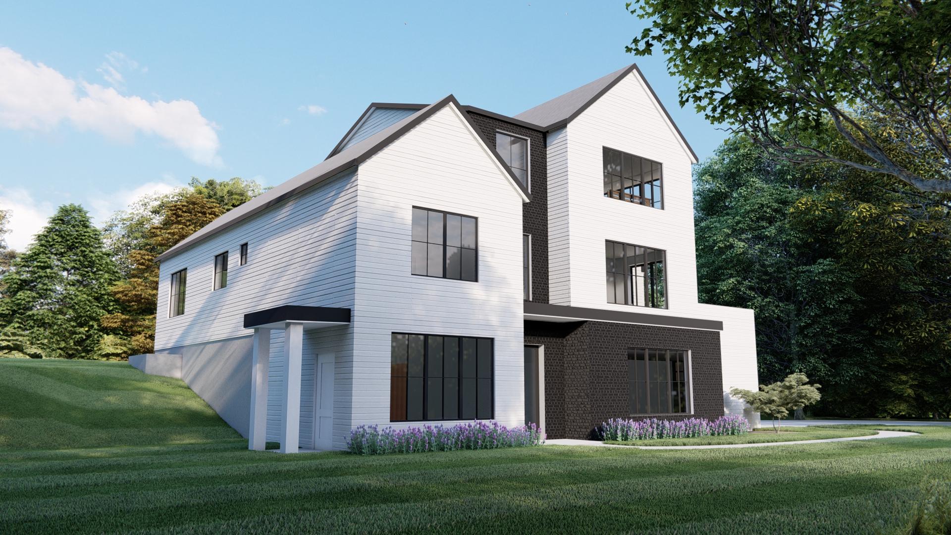Modern house plan exterior with white siding, dark brick accents, multiple gables, and large dark-framed windows.