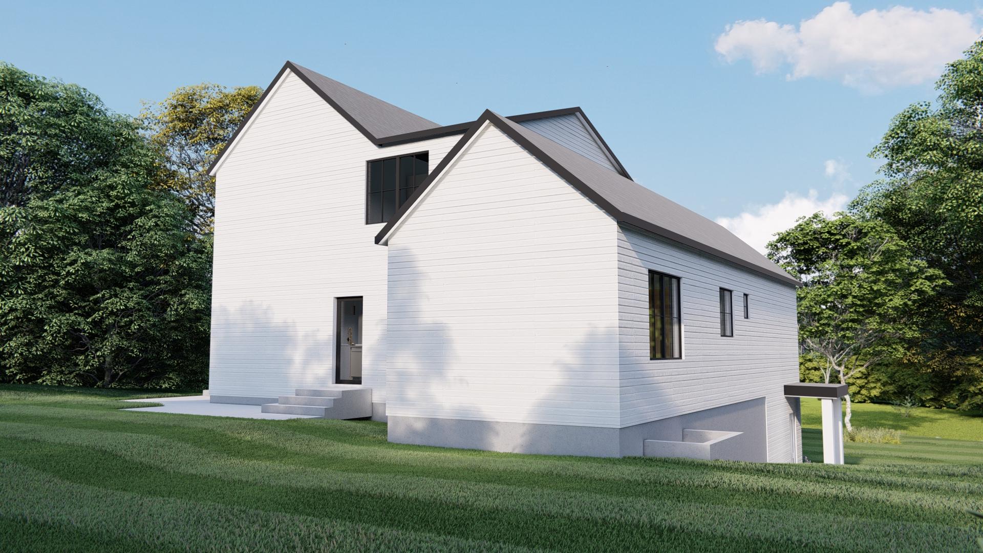 House plan exterior: two-story modern home with white horizontal siding, dark-framed windows, and multiple gables.