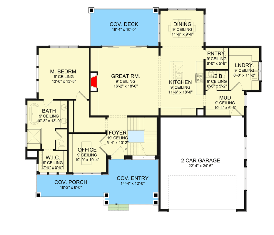 Plan 490039NAH: Modern Farmhouse Bungalow with Loft and 2 Upstairs Bedrooms - Floor Plan - Main Level - Country, Craftsman, Farmhouse, Modern Farmhouse, New American