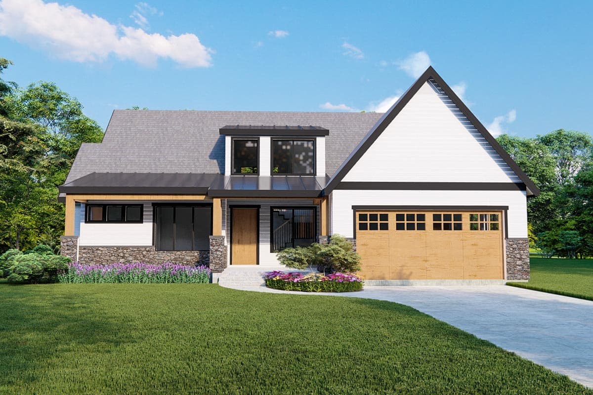 House plan exterior. Two-story Modern Farmhouse with gabled roof, dormer, and attached garage. Stone accents and covered porch.