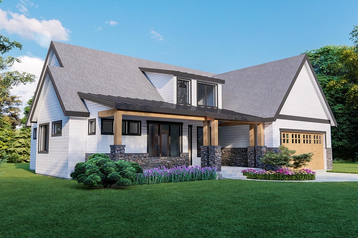 Modern Farmhouse house plan exterior with gables, stone foundation, covered entry with wood posts, and attached two-car garage.