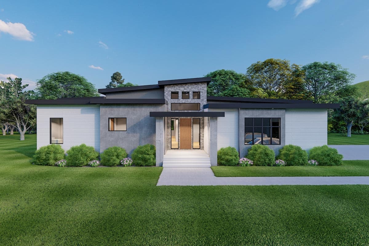 House plan exterior. Modern style, single-story home. Features include a flat roof, stone accent over the entry, and a covered porch. White siding.