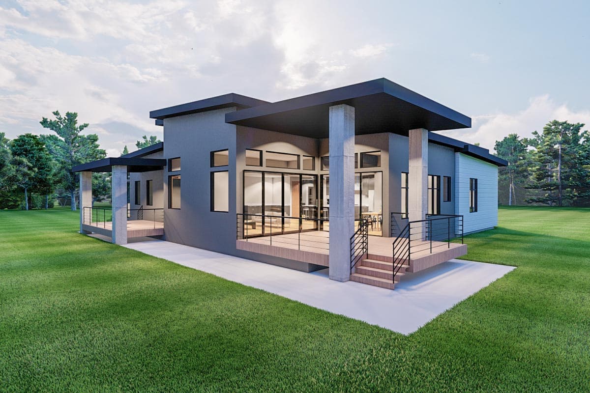 Modern house plan exterior, one story with flat roof, large windows, covered deck, and concrete columns.