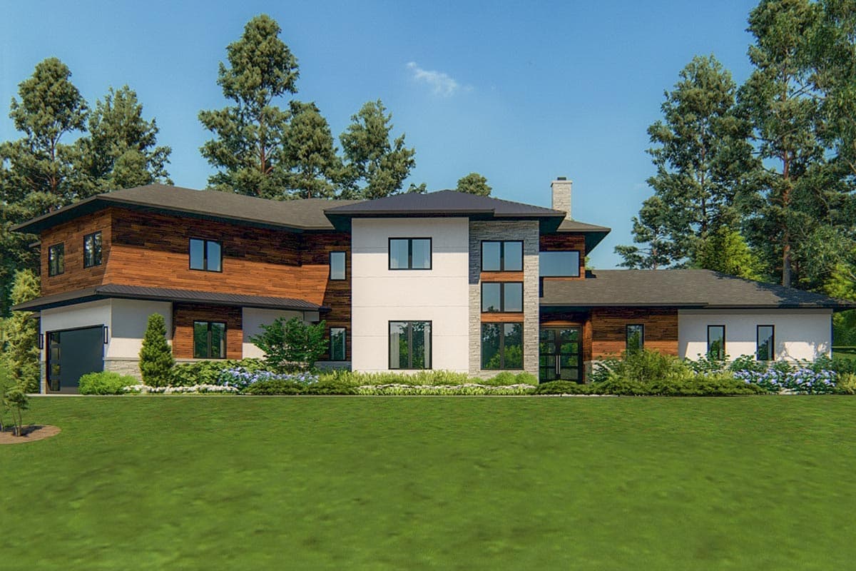 House plan exterior. Two-story modern home with wood siding and stone accents. Features include a flat roof, large windows, and a detached garage.