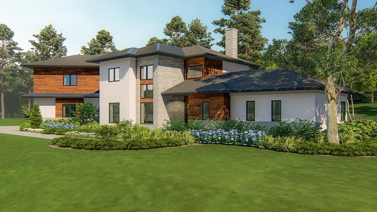 House plan exterior with modern style, stone and wood facade, multiple levels, and dark pitched roof.