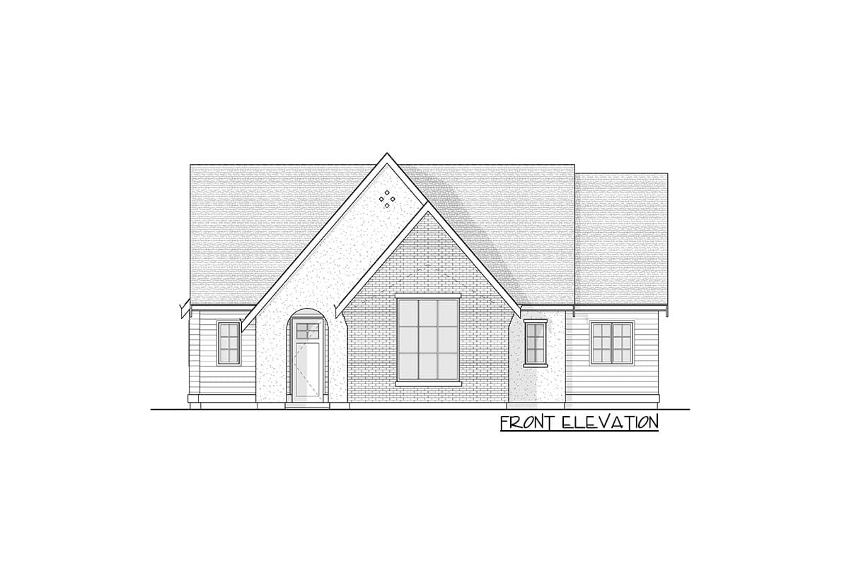 Front elevation drawing of a one-story house plan with a gabled roof, brick facade, and arched entry.