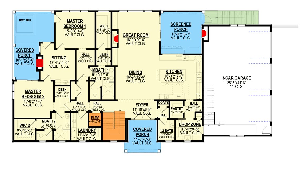 Plan 871023JEN: Pacific Northwest Contemporary-style home with 2 Master Suites and an Elevator - Floor Plan - Main Level - Mid Century Modern, Modern, Northwest, Transitional