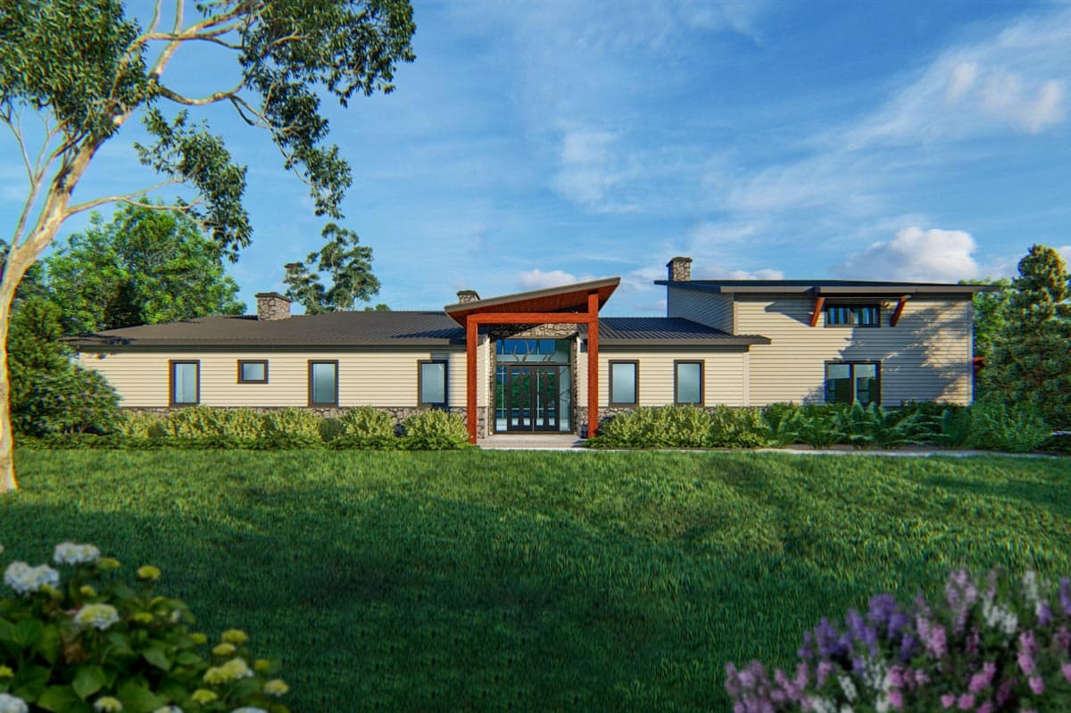 House plan exterior. Two-story Modern house with a prominent entry portico, mixed siding, and stone chimney details. Flat and shed rooflines.