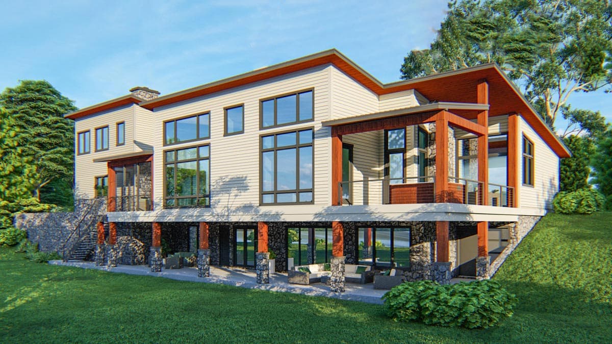 Modern house plan exterior, two stories, with a stone foundation, large windows, stacked gables, and a covered porch.